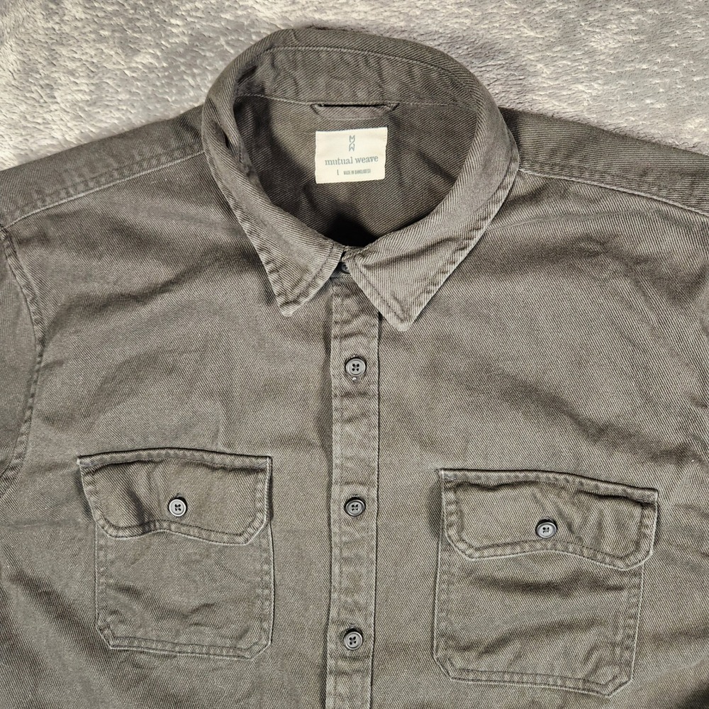 Mutual Weave Button Down Shirt Mens Large Olive Green Twill Long Sleeve - Picture 3 of 9